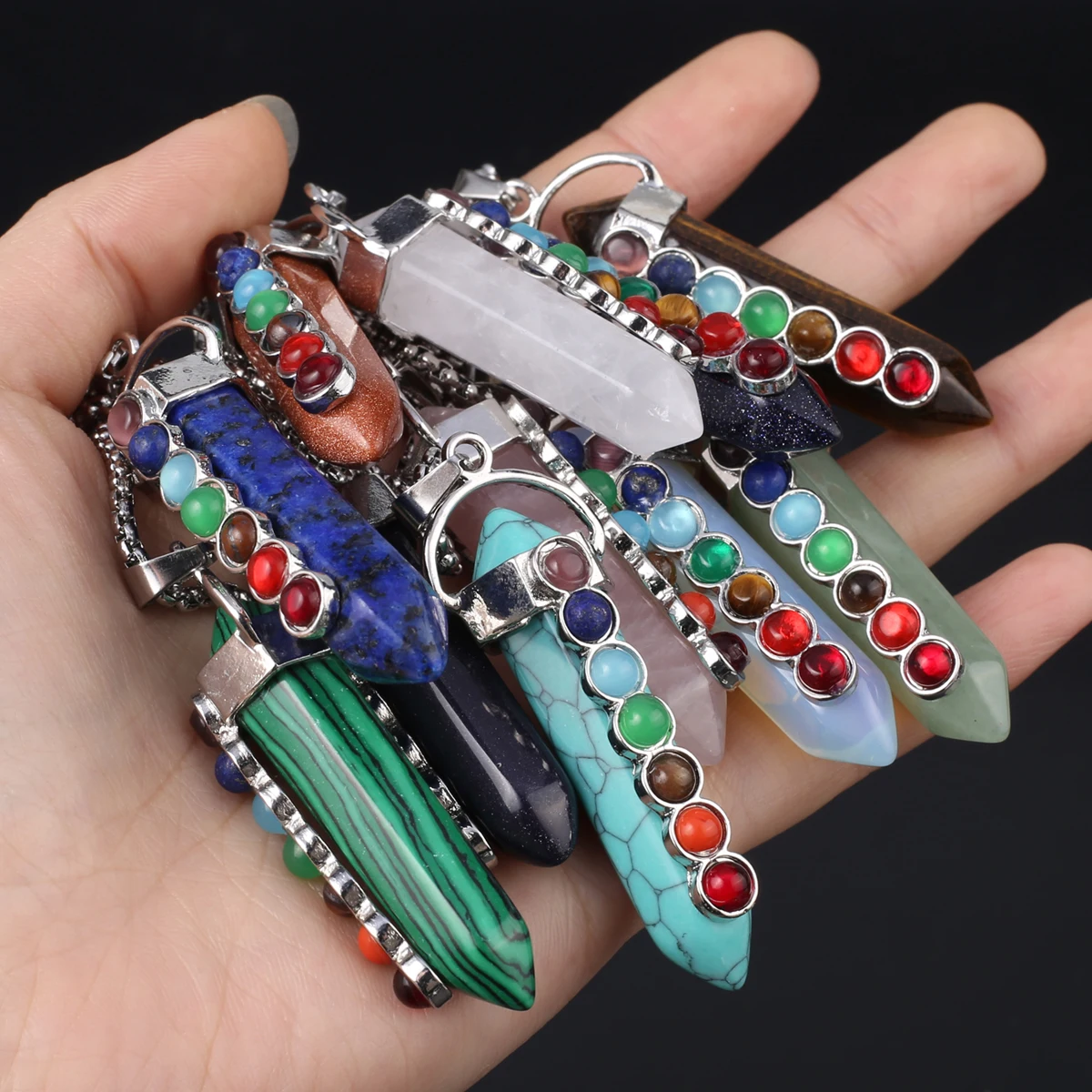 54x13mm Seven Chakra Hexagonal Pyramid Agate Quartz Pendant Necklace 60CM Stainless Steel Chain Healing Crystal Jewelry Gifts