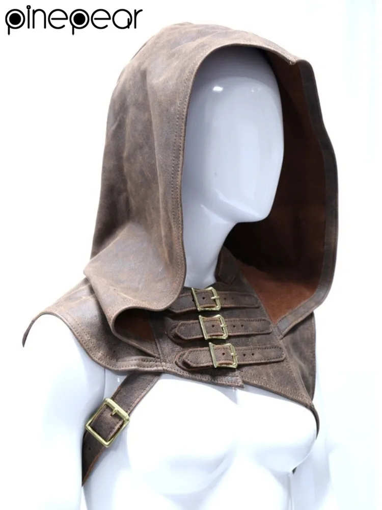 Hooded PU Leather Cloak Cap Cowl Adult Medieval Wicca Costumes Pagan Accessory Cosplay Assassin Hat Warrior Outfit For Men Women