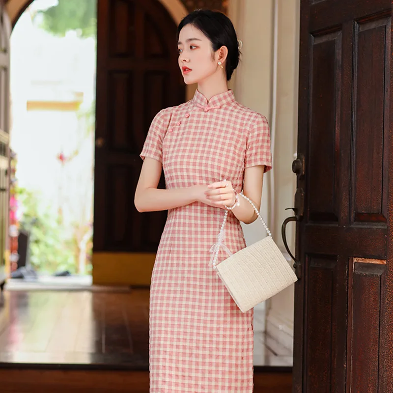 New Modified Cheongsam Womens Chinese Traditional Dress Vintage Knee Length Elegant Qipao Plaid Plus Size 3XL 21023