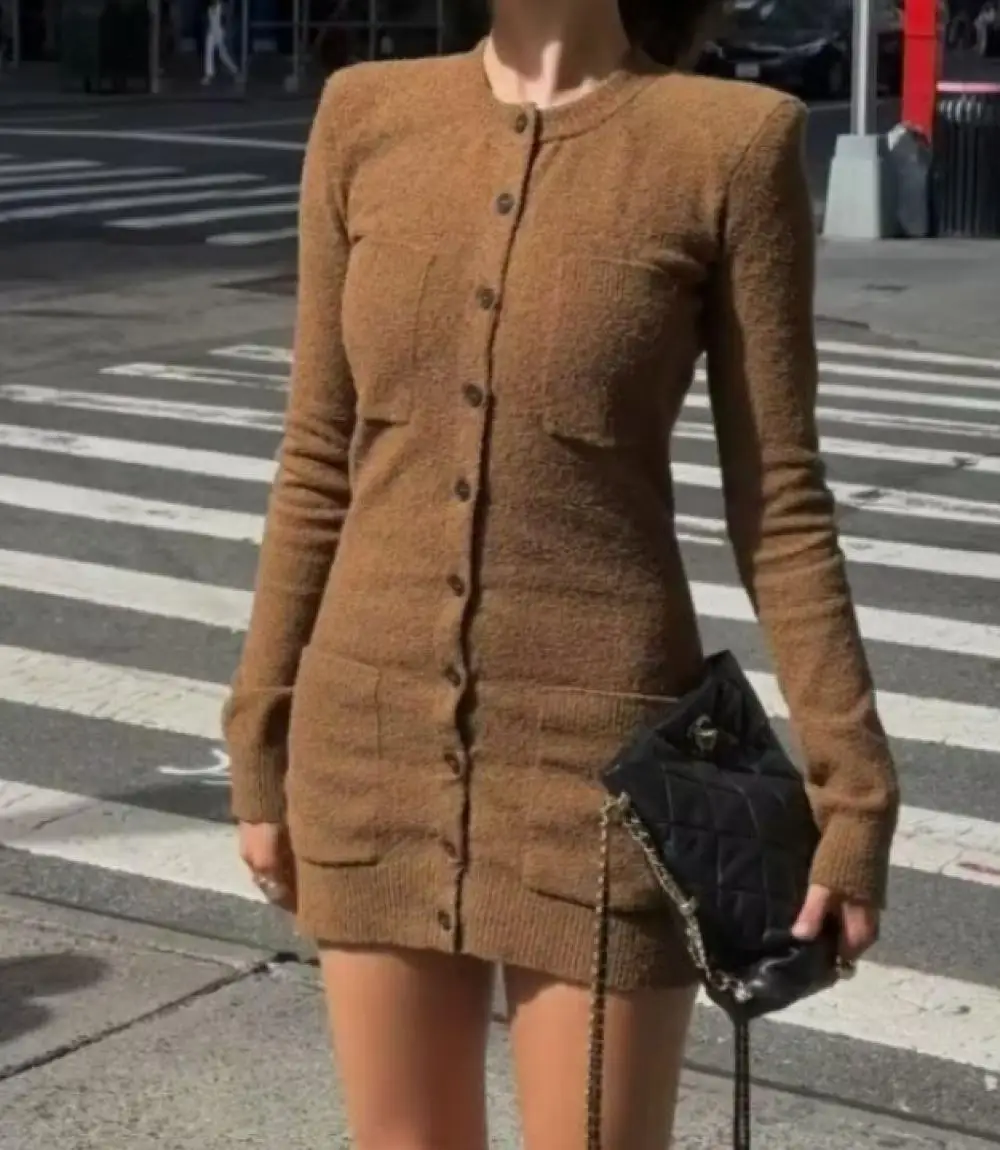 Autumn Round Neck Knitted Dress Fashion Single Breasted Solid Color Short Dress Women Slim Commutig Clothing for Going Out