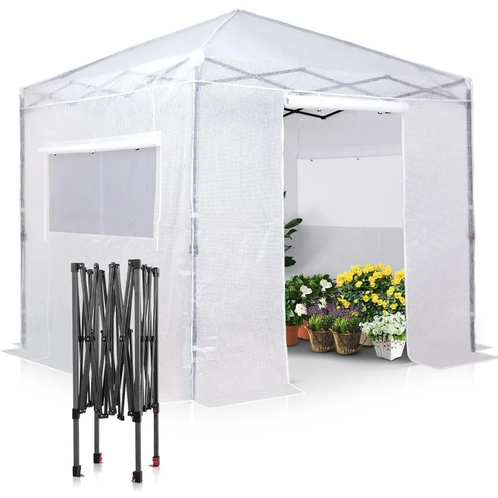 8x8 Portable Walk-in Greenhouse, Pop-up Indoor Outdoor Garden Green House, Zippered Doors and Windows, PE Cover, White