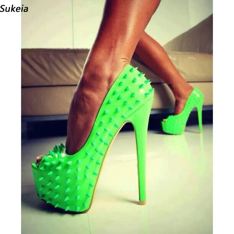 

Sukeia New Arrival Women Pumps Patent Sexy Studded Peep Toe Stiletto Heels Green Party Shoes Ladies US Plus Size 5-20