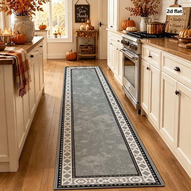 1 piece gray geometric bordered runner carpet, soft and comfortable, suitable for all seasons, lightweight and easy to maintain, ideal for living room, hallway, entryway home decor, room decor for winter and autumn