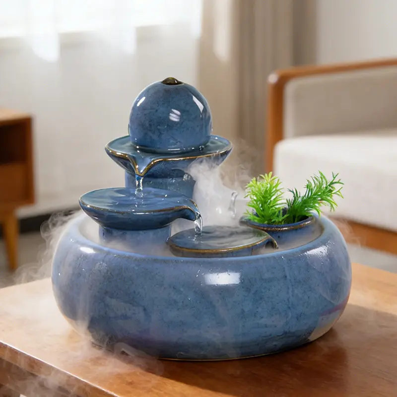 

Blue Ceramic Water Fountain Office Feng Shui Wealth Decor Creative Tabletop Water Ornament Home Relaxing Gift Decoration Crafts