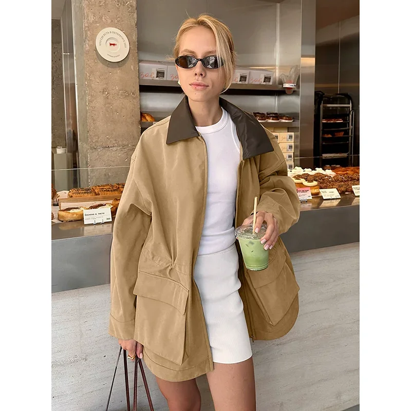 

European and American Style New Lapel Contrast Color Large Pocket Suede Mid-length Jacket Coat Women's Fashionable All-match