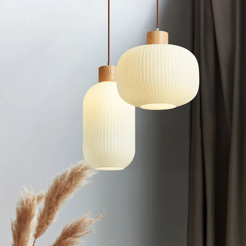 Japanese Rotundity/oval White Glass Pendant Lights Retro Bedroom Living Room Restaurant Bedroom Chandelier Wooden Hanging Lamps