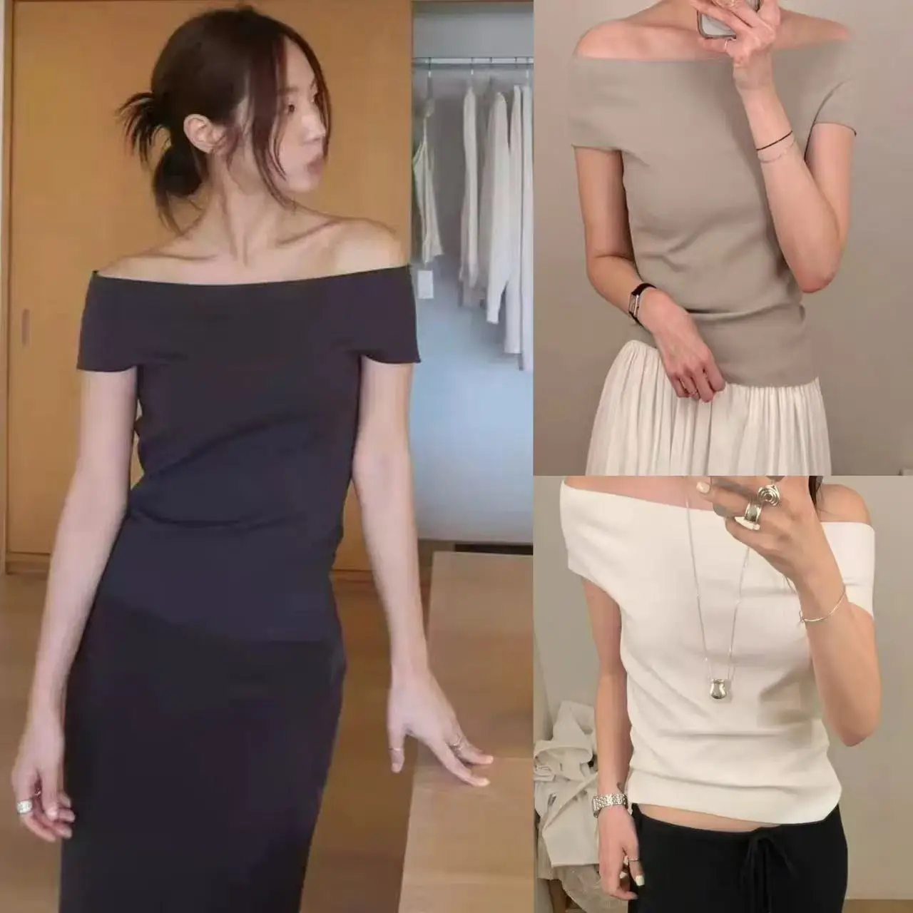 

Monoha Minimalist Korean Style Knitted Short Sleeve One-Shoulder Slimming Top for Women Fashionable Casual Summer Wear
