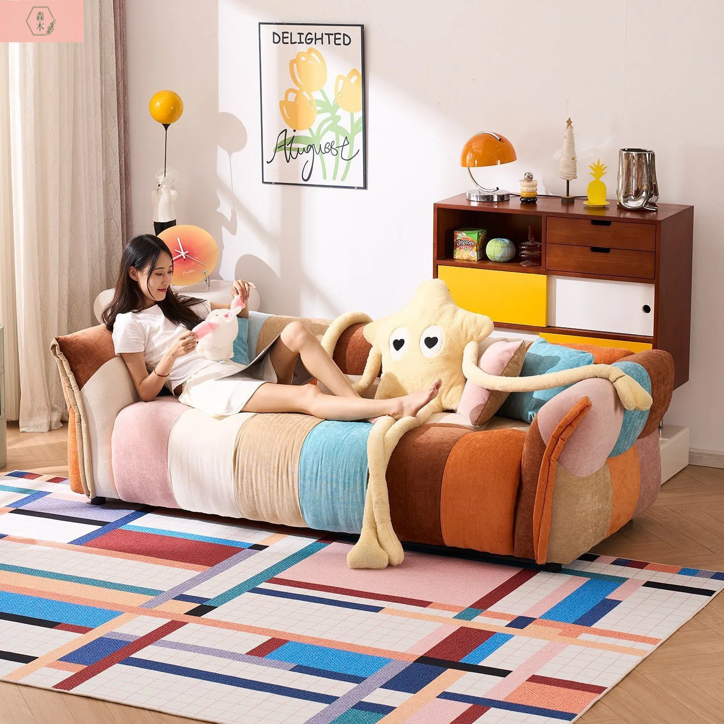 Dopamine Rainbow Sofa Small Apartment Living Room Pixel Personalized Color Matching Straight Row Petal Fabric Small Sofa