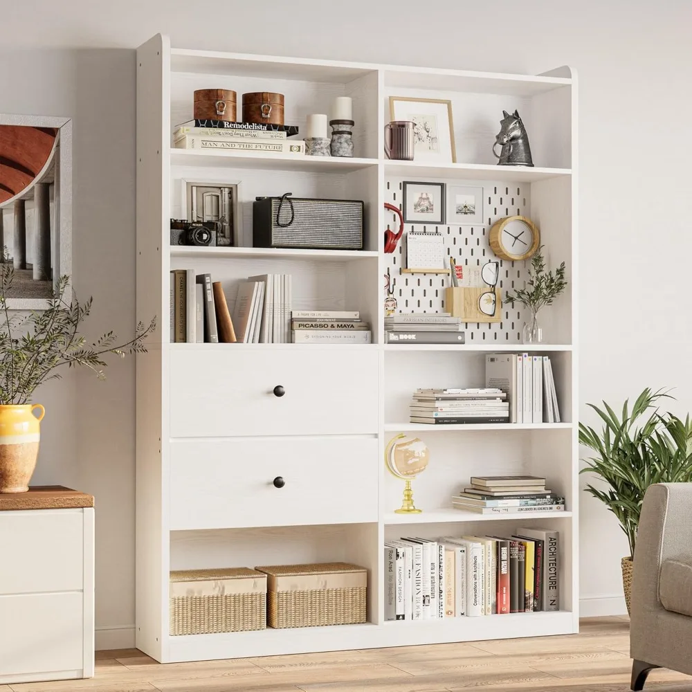 

bookshelf and bookcase with pegboard and deep drawer, 79" h x 55" w 8 cubby display book shelves, modern wide wood etagere