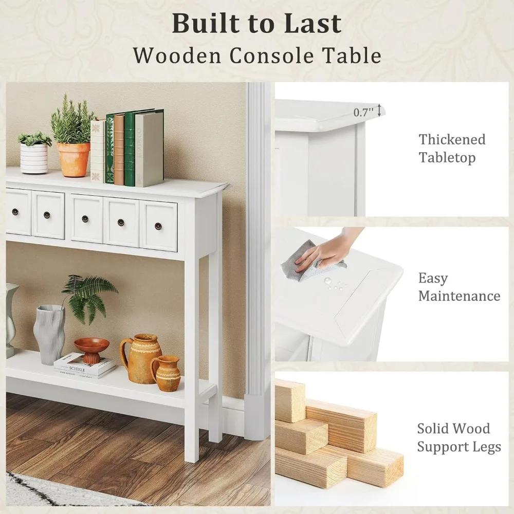 Modern Farmhouse Style Console Table with 4 Drawers and Open Shelf for Entryway, Long Narrow Design