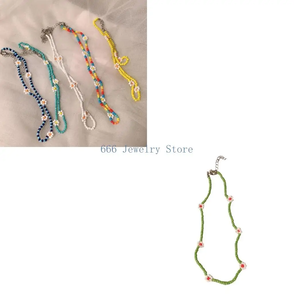 F2TD Flower Beaded Choker Necklaces Jewelry Short Choker Statement Summer Beach Chain