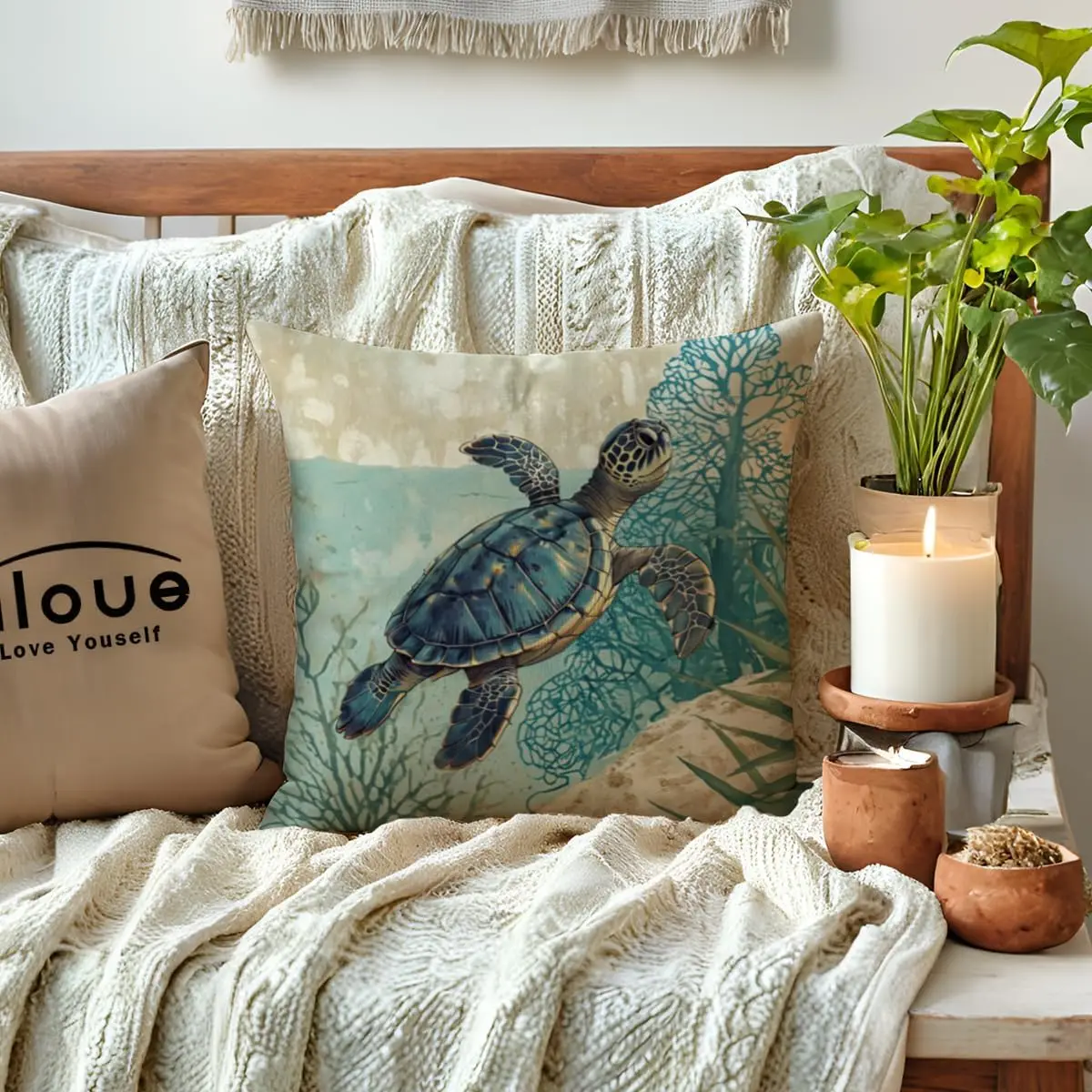 4Pcs Ocean Throw Pillow Covers, Beige and Teal Cushion Cases with Antique Marine Animal Prints for Bedroom Sofa Couch Home Decor