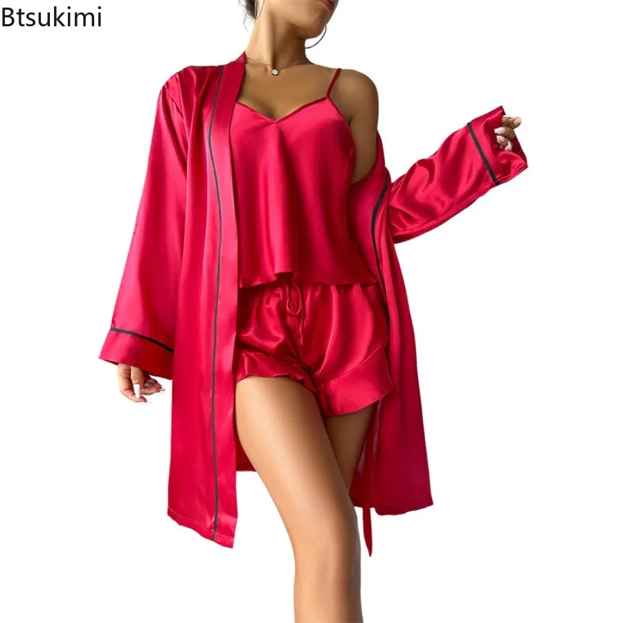 New 2025 Women's Home Three Piece Set V-Neck Spaghetti StrapTops Drawstring Short Cami Set Tied Detail Open Front Robes Ladies
