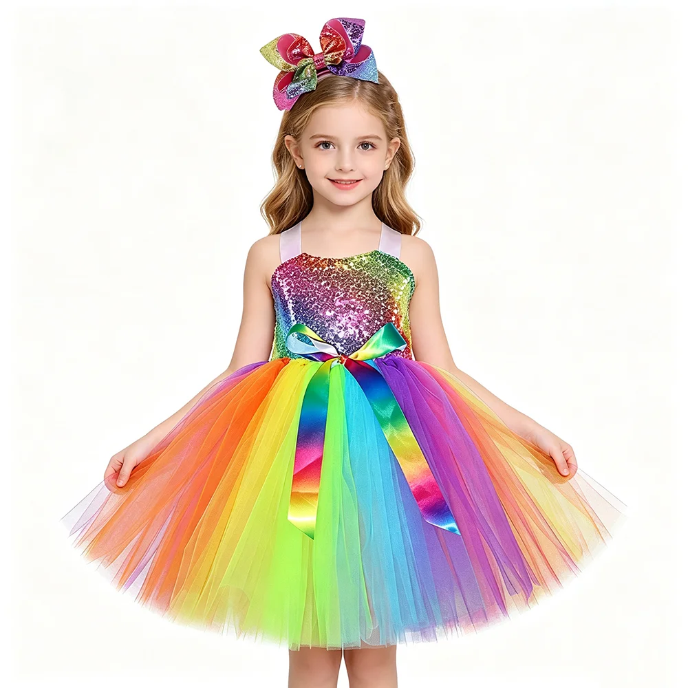 Girls Rainbow Sequins Tutu Dress Colorful Tulle Princess Costumes with Glittery Bow Headpiece for Kids Peformance Birthday Party