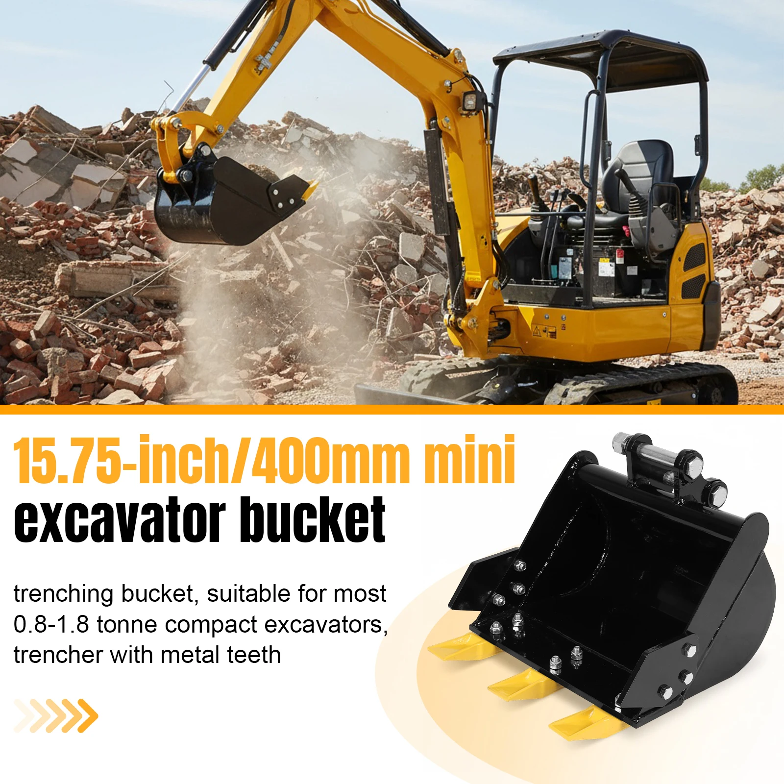 

15.75in/400mm Mini Trench Bucket for Most 0.8-1.8 Tons Small Diggers 0.98in Hole 3.46in Center Wheelbase with Metal Teeth