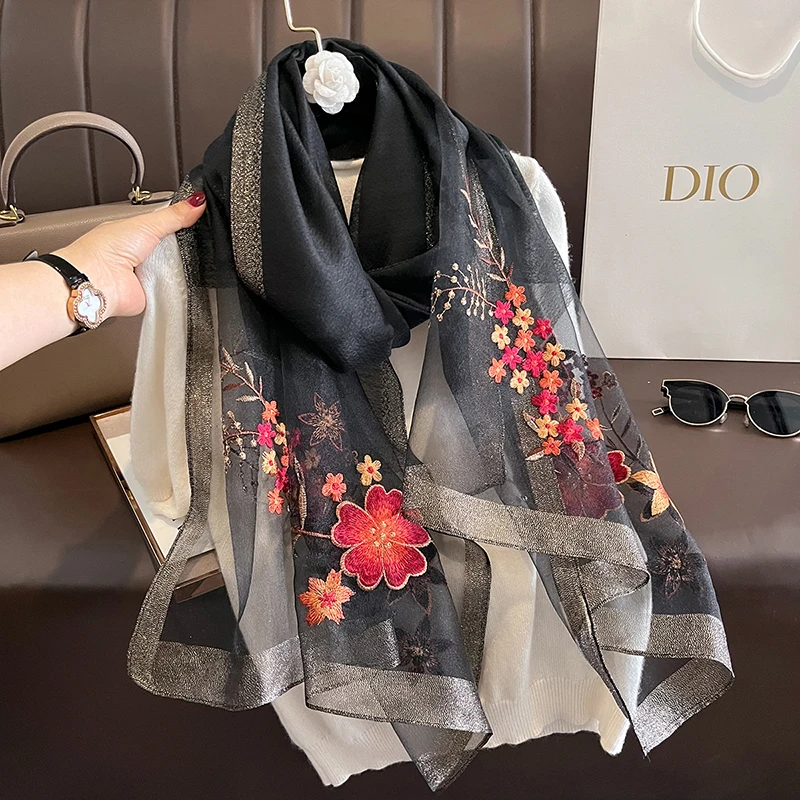 

Luxury Brand Women Silk Cut Scarf Shawl Embroidery Design Flowers Multifunctional Headkerchief Lady Bufandas Scarves