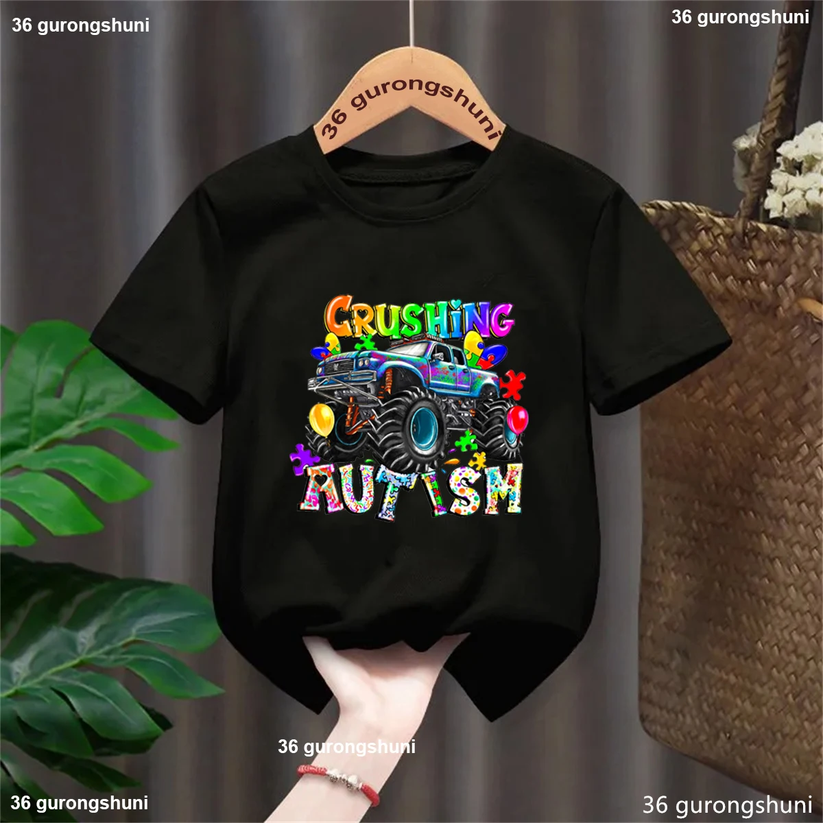 Autism Crusher Shirt, Autism Monster Truck Tshirt,Autism Awareness Graphic Print Kids T-Shirt,Autism Support Toddler Shirt Tops