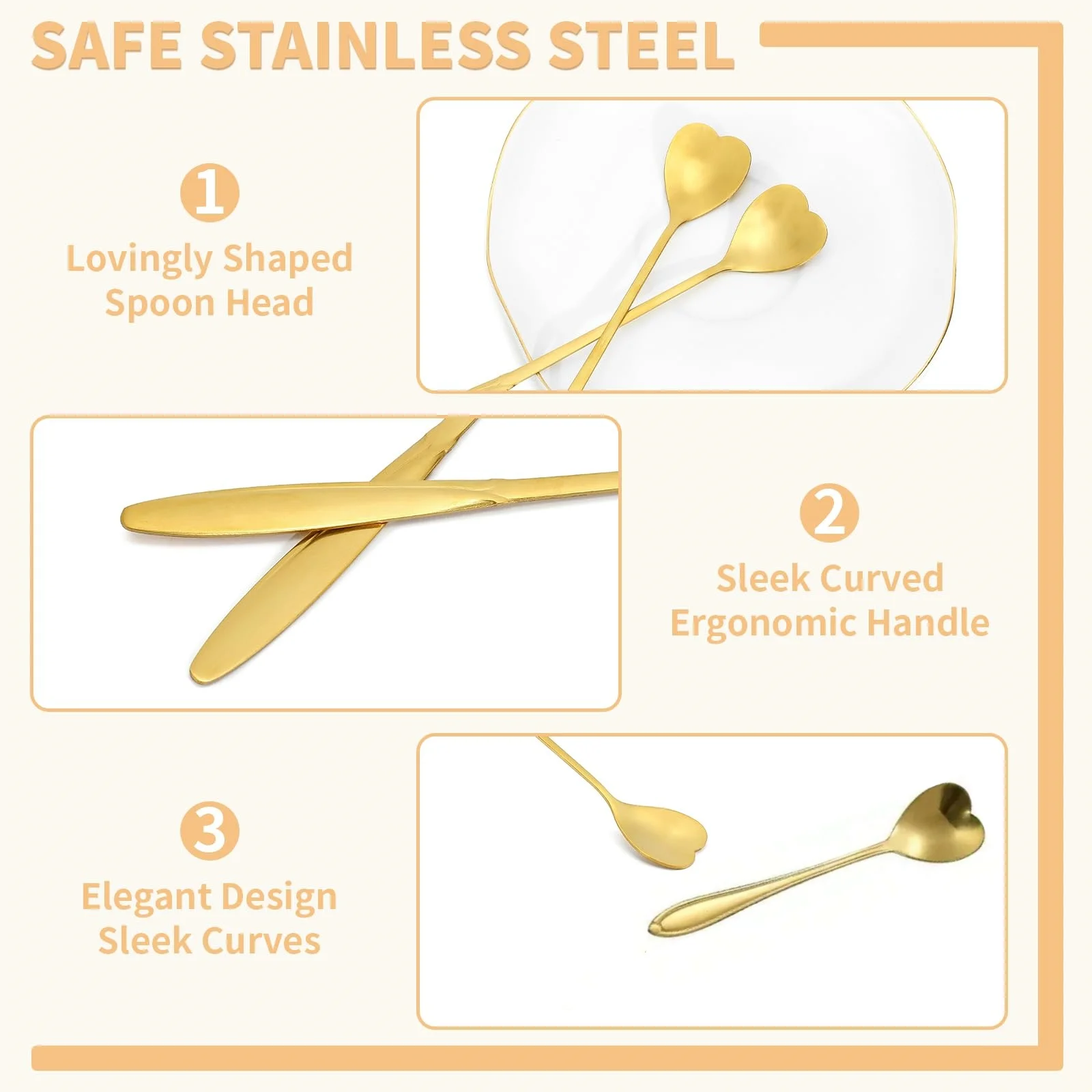 8/16Pcs Stainless Steel Heart Shape Coffee Spoons Gold Scoop for Dessert Tea Accessories Kitchen Tableware Decoration Gifts Set