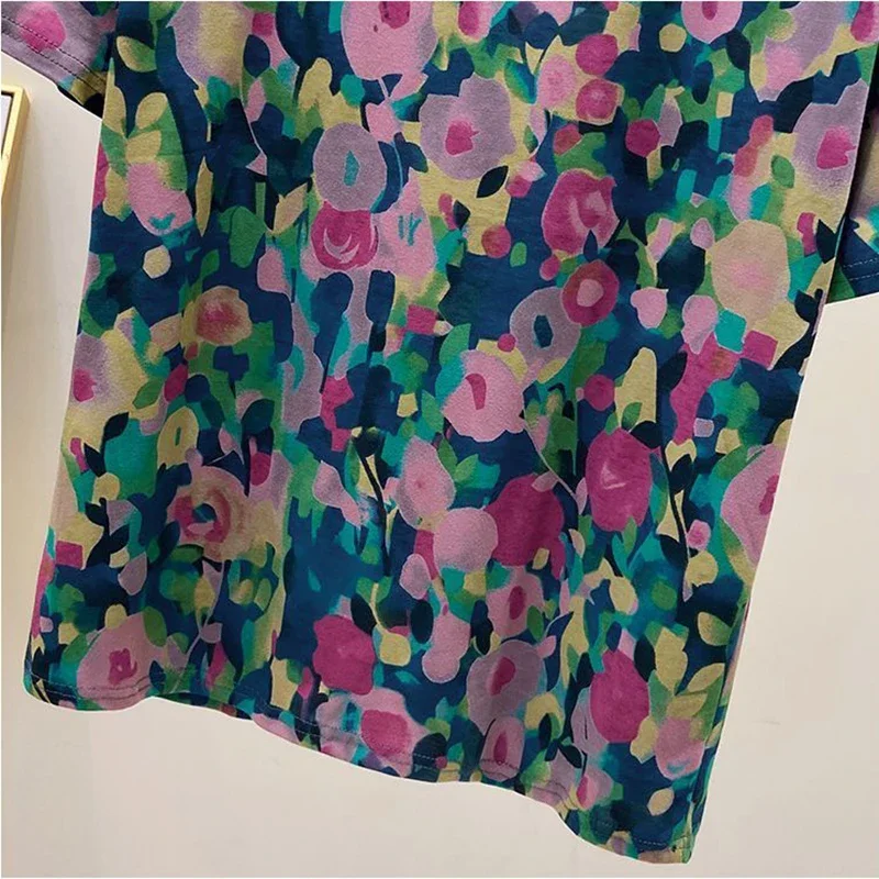 Khaki kwiatowy nadruk artystyczny vintage koszulka z krótkim rękawem z dekoltem w szpic bluzka damska koszula odzież damska topy modne bluzki lato 2025