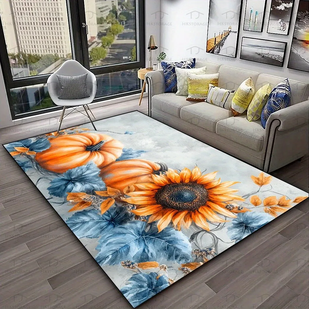 Large Area Rug Pumpkin Non Slip Watercolor Sunflower Carpet Washable Orange Blue Harvest Farmhouse Salon Lounge Decor