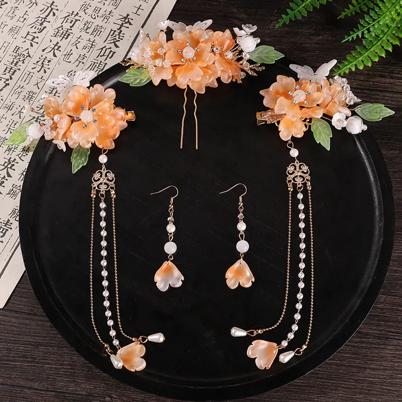 

Flower Hair Stick Hairpin Women Hanfu Headdress Set Chinese Style Han Custme Hair Accessories Vintage Girls Fringe Hair Clip