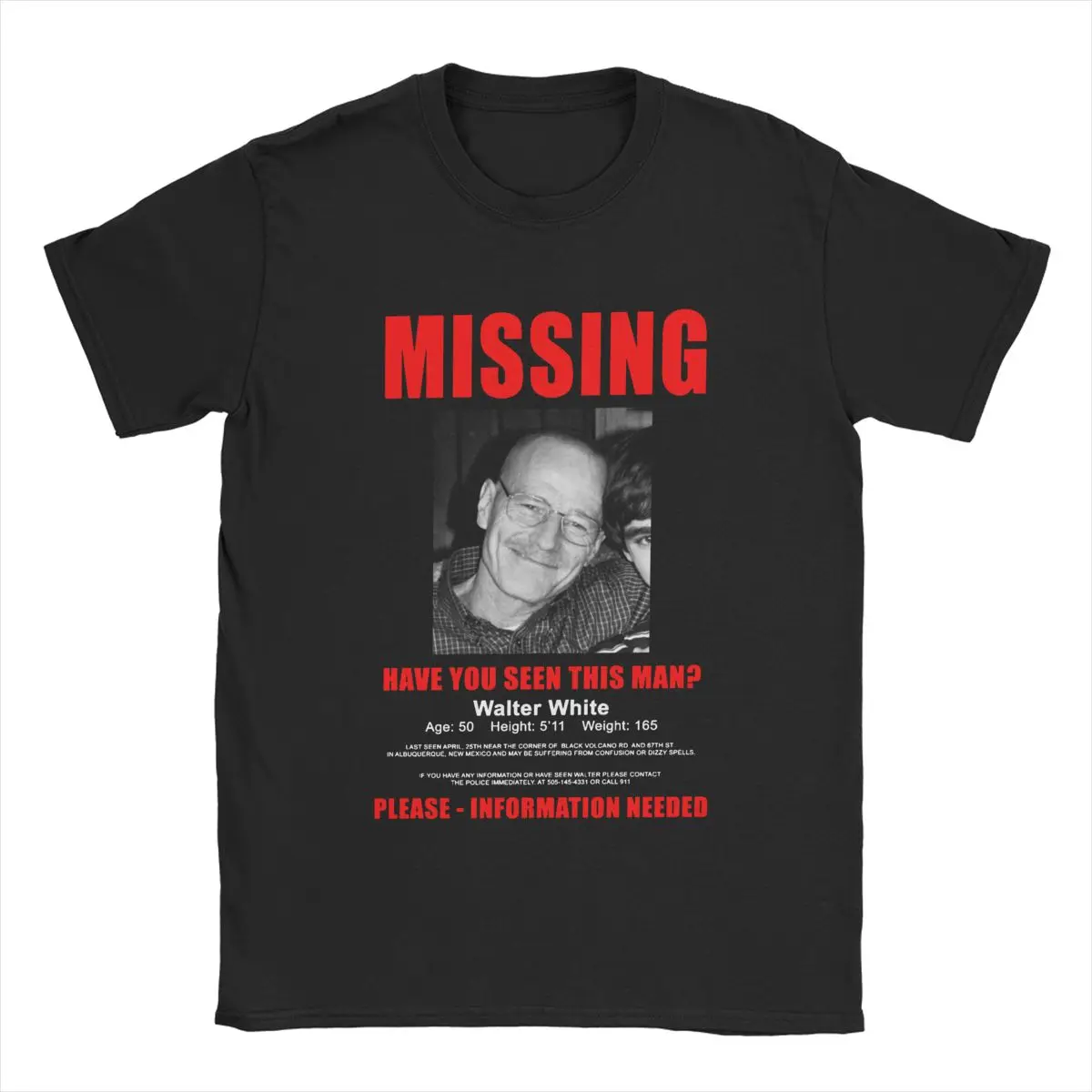 Walter White Missing Poster Breaking Bad Men\'s T Shirts Novelty Tees Short Sleeve Round Collar T-Shirt Pure Cotton Party Clothes