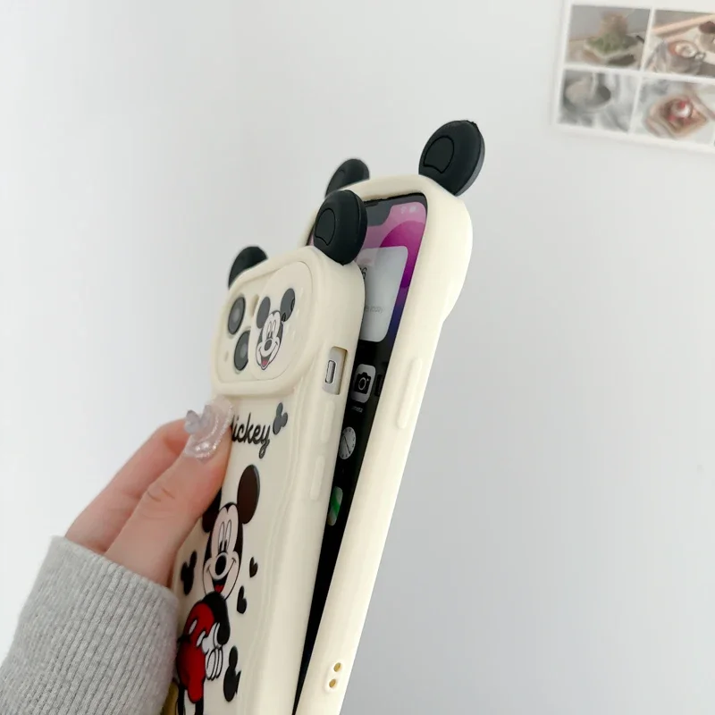 Cute Disney Mickey Ear Push Window Phone Cases For iPhone 15 14 13 12 11 Pro Max Mini XR X XS MAX 8 7 Plus Anti-fall Back Cover