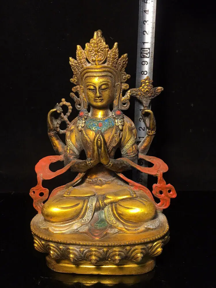 Old Tibet Silver Gilt 4 Arms Chenrezig Goddess Buddha Avalokiteshvara God Statue