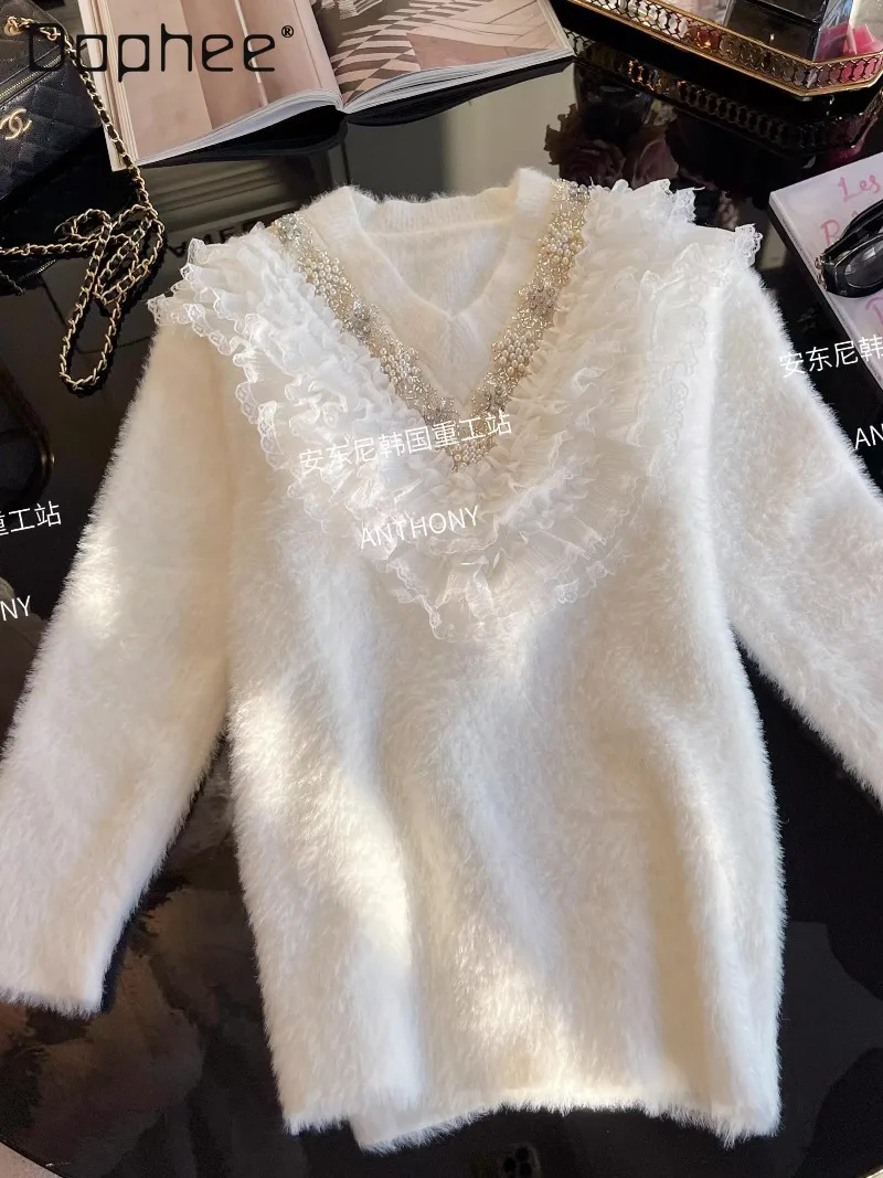 

Elegant Ladies V-Neck Ruffled Beaded Rhinestone Thickened Mink Velvet Sweater Soft Loose Versatile Long Sleeve Knitted Sweater