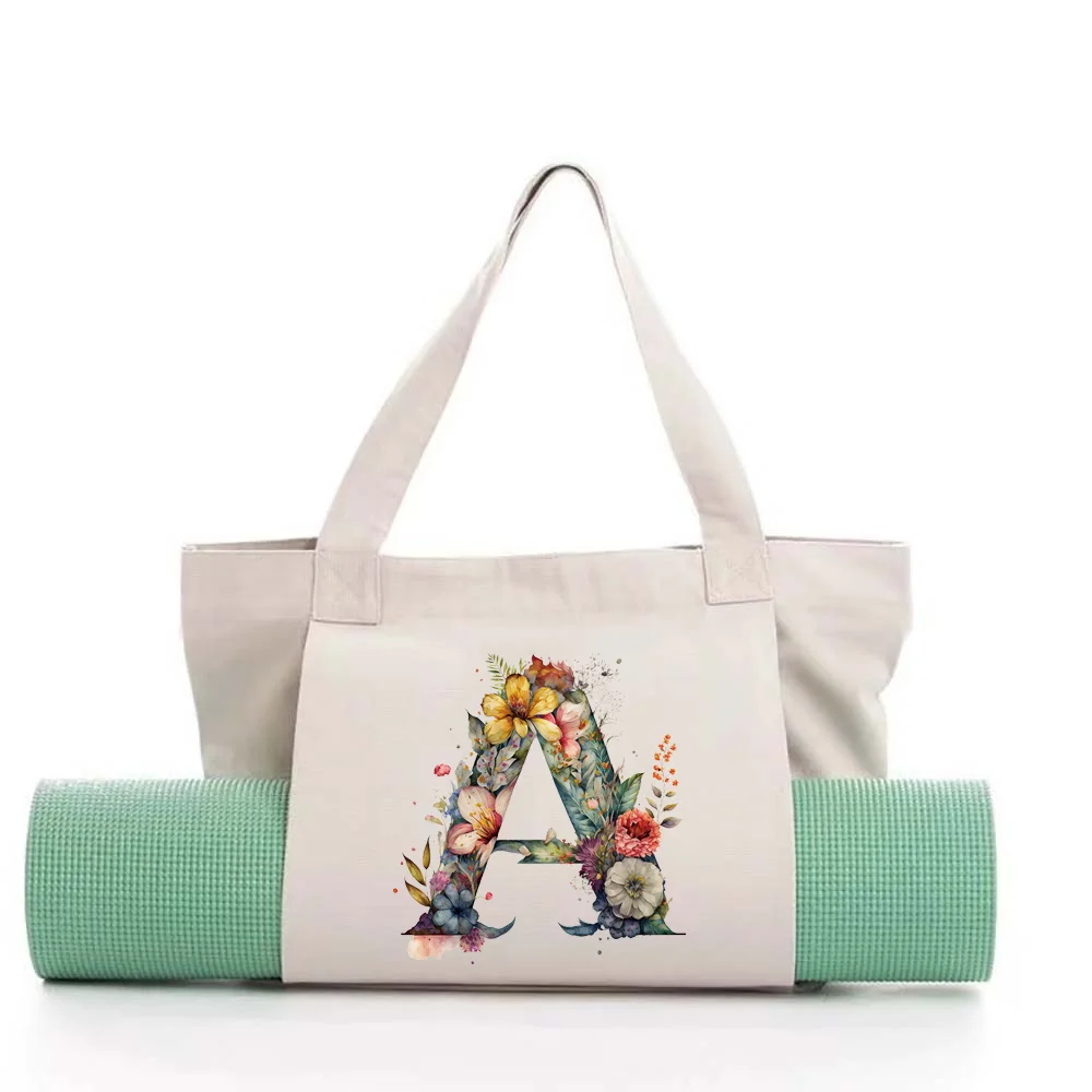 Yoga Mat Tote Bag Gym Bags Canvas Handbag Pocket Large Capacity Pilates Shoulder Bag Storage Floral Letter  Printing Series