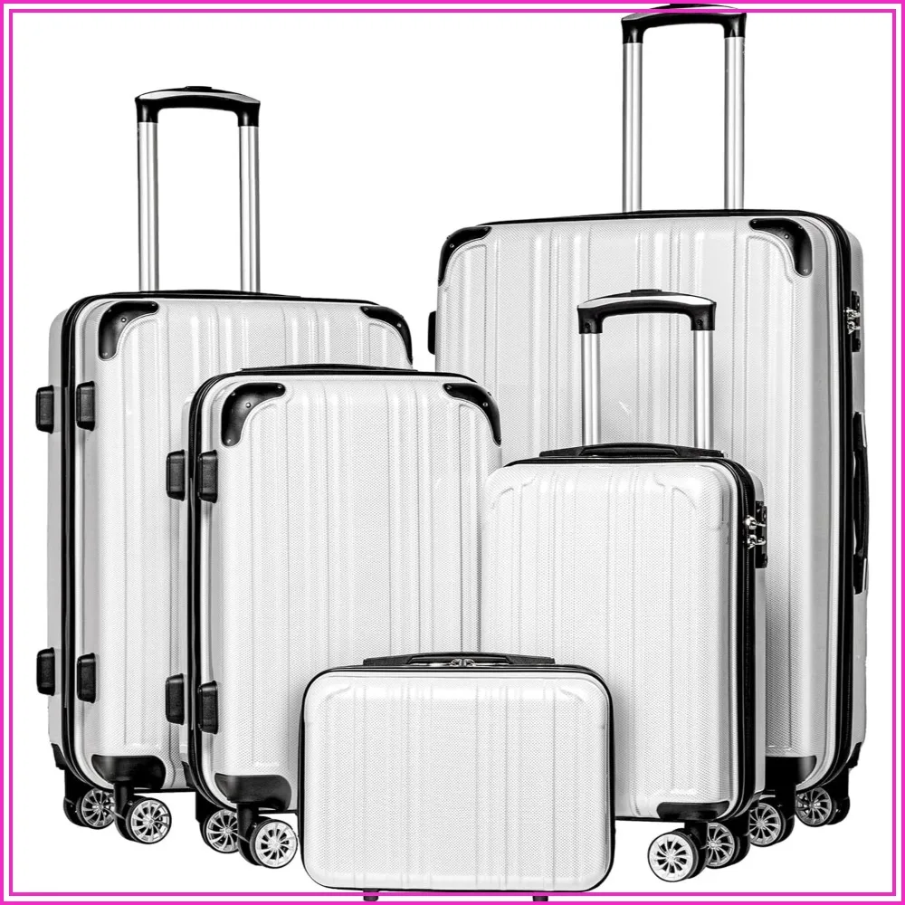 Hardshell Luggage Set 5 Piece Lightweight Durable Suitcase with Spinner Wheels White