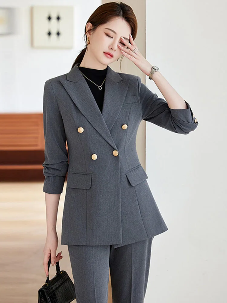 Navy Blue Suits Women New Autumn Fashion Professional Business Formal Slim Blazer And Pants Sets Office Lady Work Wear