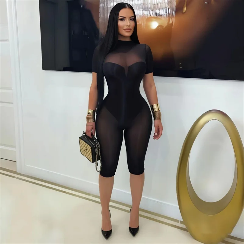

Doyerl Patchwork Mesh Jumpsuits Woman Romper Rave Festival Clothing See Through Stretchy Sexy Night Club Outfits Monos Mujer