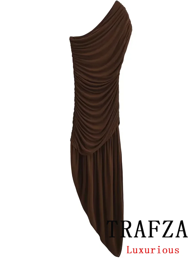 TRAFZA Vintage Casual Chic Women Dress Solid Asymmetrical Sleeveless Slim Long Dress New Fashion 2024 Summer Holiday Dress