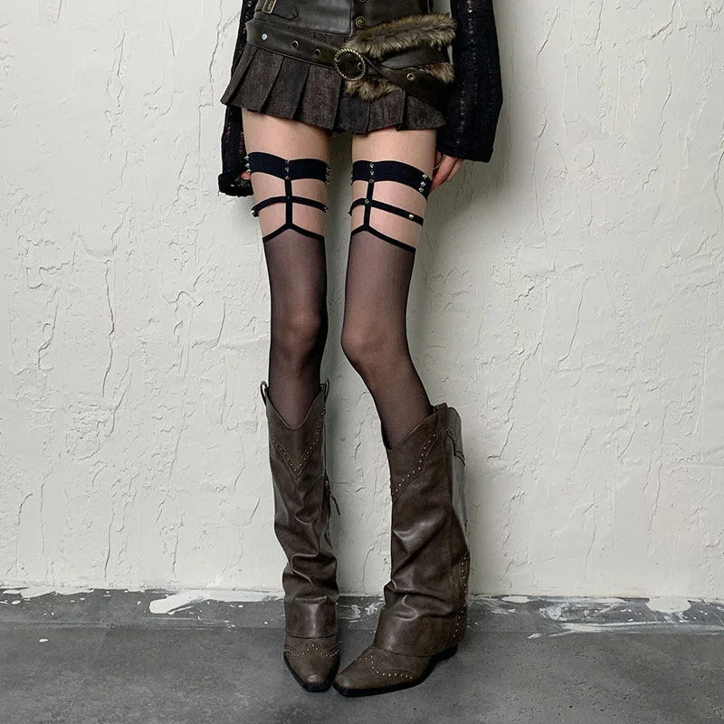 Red Suspender Spicy Girl Rivet Over Knee Stockings Female Sexy Hollow Out 0D Thin Skin Black Silk High Top Boots Thigh Socks