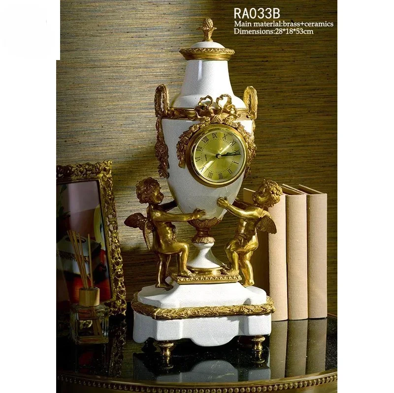 European brass ceramic luxury seat clock pure copper angel doll boutique neoclassical ornaments table clock for living room porc