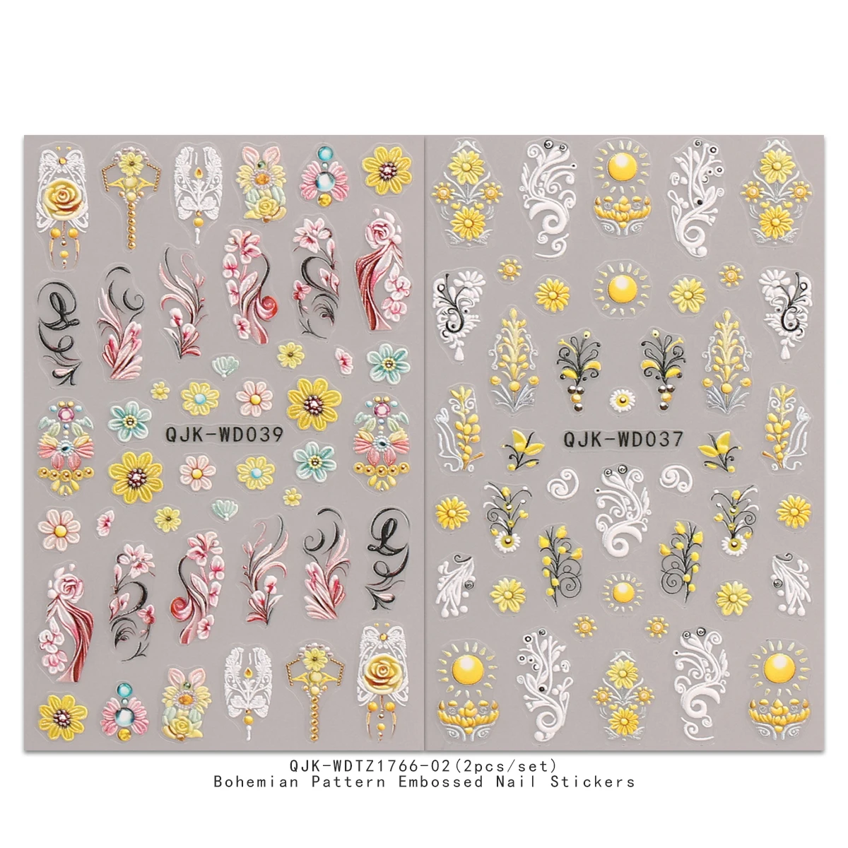 2pcs boho pattern embossed nail art stickers, artistic nail art decals, easy to apply nail decoration, DIY, gift, party makeup