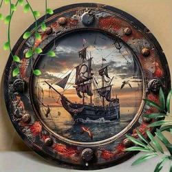 Round Metal Aluminum Mark Pirate Ship Logo for Home, Living Room, Coffee Shop, Wall Art Home Decor, 8in &11.8in 1pc