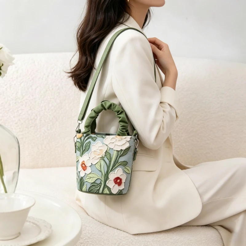 Fashion Cute Floral Embroidered Mini Women Bucket Bag with Green Top Handle Crossbody Shoulder Purse for Daily Use Crossbody Bag