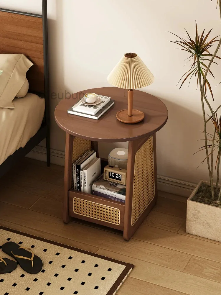 Solid Wood Rattan Nightstand Medieval Vintage Style Storage Corner Table Integrated Small Side Table Space Saving Home Furniture