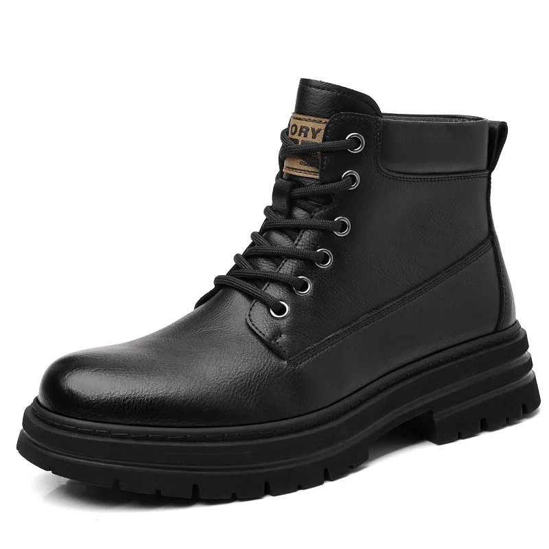 

Autumn Winter Retro British Casual Platform Boots Men New Designer Fashion Cow Leather Boots Man Solid Color Lace Cotton Shoe