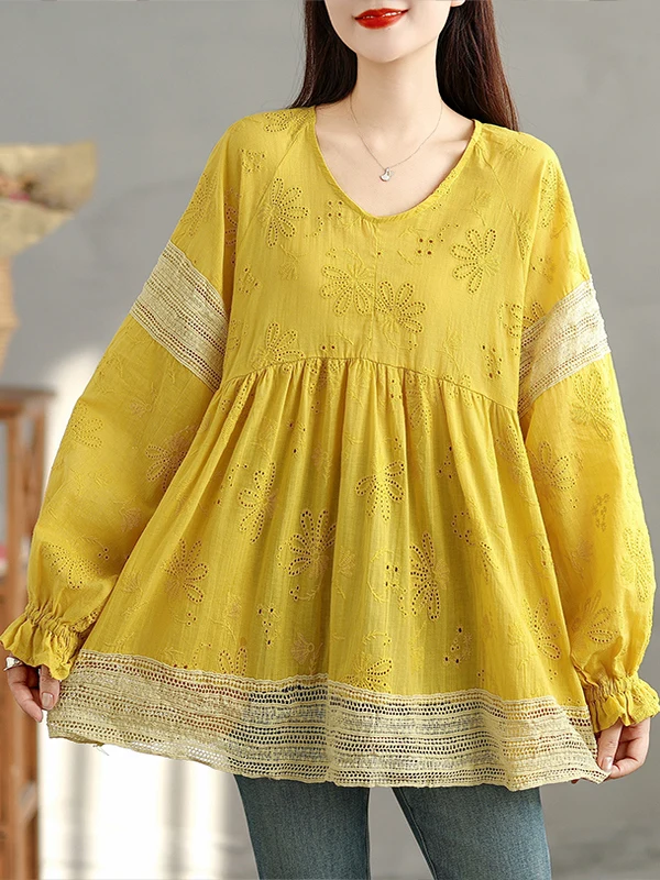 T-shirt patchwork in pizzo color sangue Lanterna da donna di grandi dimensioni Sve V-Ne che nasconde la pancia Bambola casual irt Autunno