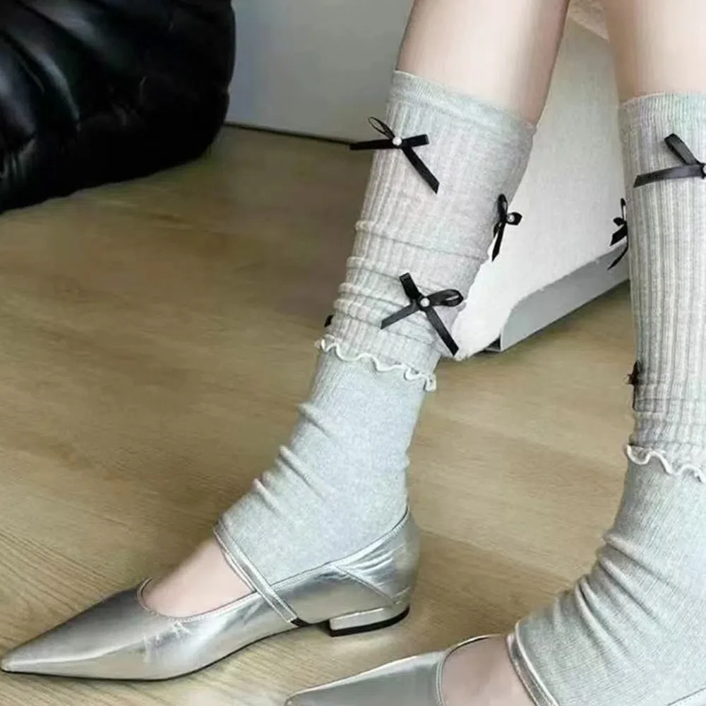 

Korean Ins Lolita JK Calf Socks Cotton Solid Color Knee High Socks Bowknot Breathable Mid-tube Stocking Spring Summer
