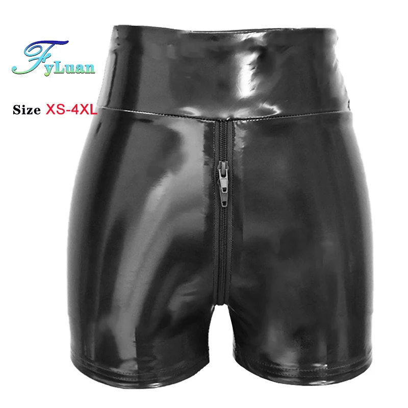 Shorts feminino com zíper duplo, elástico, cintura alta, aparência molhada, couro pu, calças curtas, látex, quente, goth, roupa de balada, festa