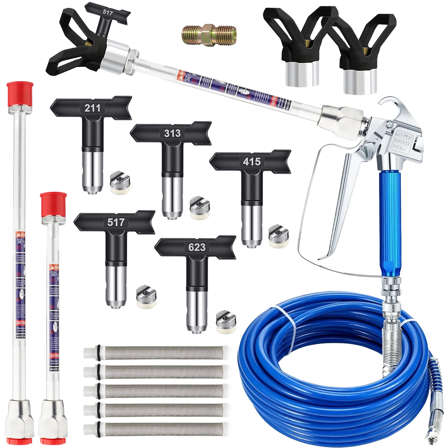 17PCS Airless Paint Sprayer Gun Kit 3600PSI High Pressure Spray Gun with 5 Reversible Tips 211 313 415 517 623 Tip Guard Extension Pole 50FT Hose Filters for Wall Furniture DIY
