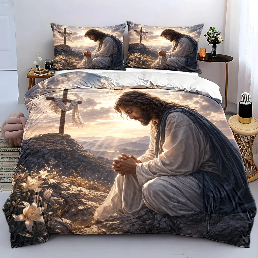 3Pcs Religious Style Jesus Prayer Themed Duvet Cover Set, Bedding 3Pcs Set (1*Duvet Cover + 2*Pillowcases), Suitable for All Sea
