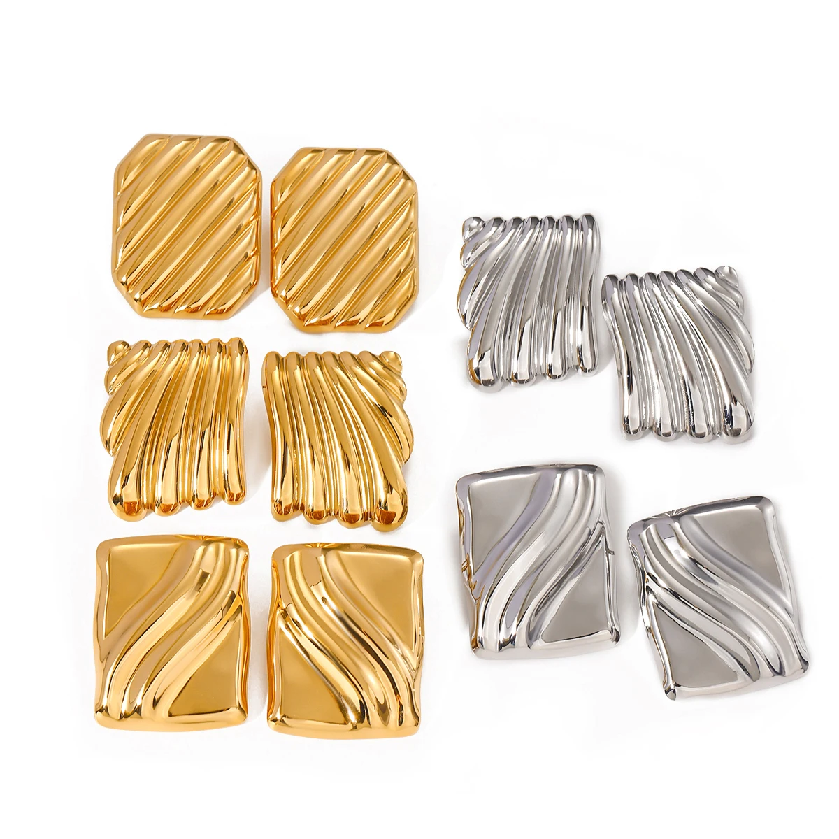 Vintage 18k Gold Plated Irregular Wave Wrinkle Metal Texture Stud Earrings Steel Women Prevent Allergenic Trendy Jewelry