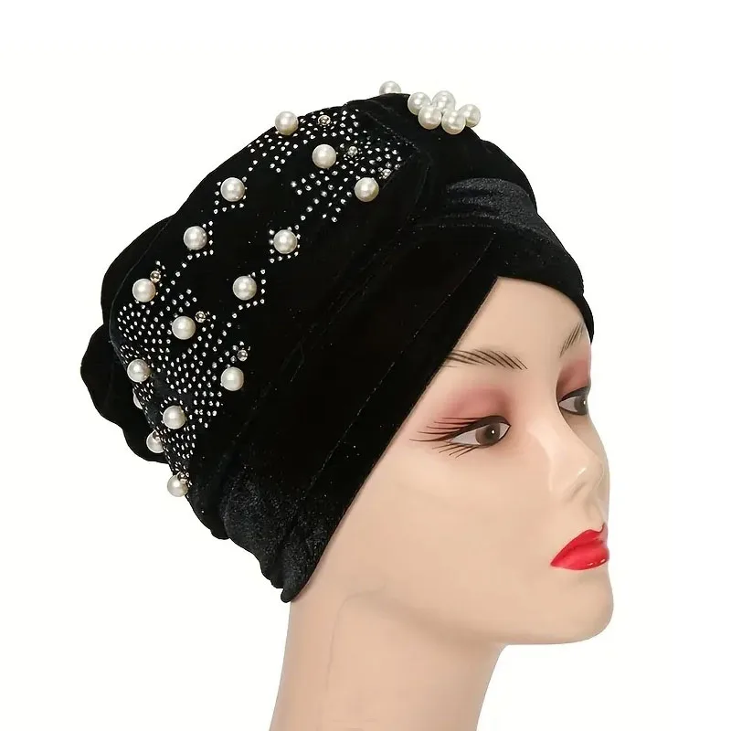 2023 New Beading Velvet Turban Hat for Women Muslim Headscarf Bonnet Islamic Head Wraps African Headtie Turbante Mujer