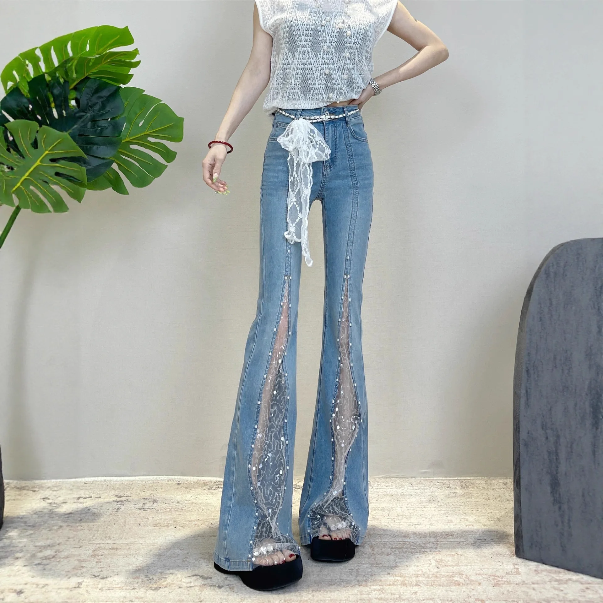 Blue Lace Patchwork Flared Jeans For Women, Summer Thin New Style With Rhinestones, Slim Fit, High- Bell-Bottom Pants