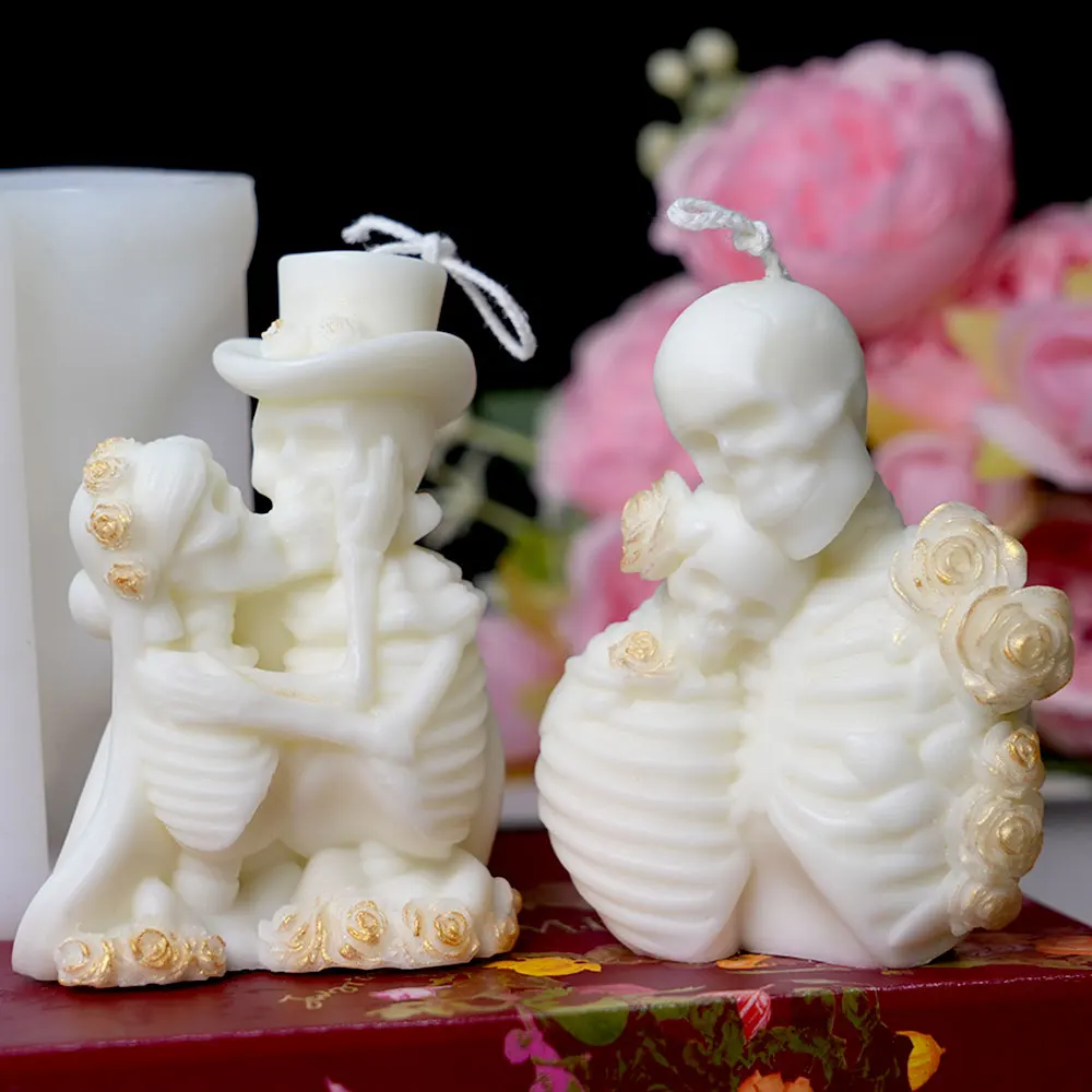Kiss Skeleton Lover Silicone Candle Mould Ghost Groom Hug Bride Plaster Resin Mold Relief Rose Design DIY Halloween Gothic Decor